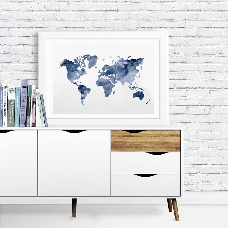 Blue World Map Print Navy Map  - Custom Star Map ulasan dan harga