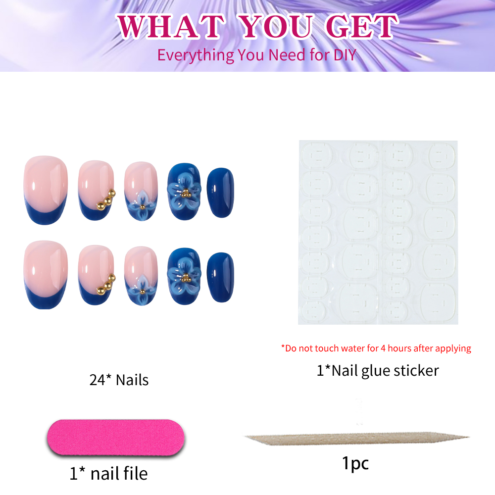24pcs Short Oval 3D Gel Nail S - Pressed Flower Art ulasan dan harga